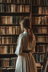 The library is filled with soft light and the scent of old books. A woman is browsing the history section, looking for a book on ancient civilizations