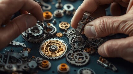 Close-up of hands assembling intricate mechanical gears