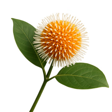 Vibrant Kadamba Flower with Lush Green Leaves &ndash; Nature&rsquo;s Perfect Geometric Bloom.