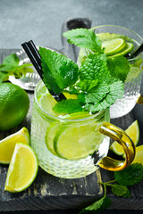 A glass of a cooling drink with lemon, mint and ice. Summer citrus cocktail. On a dark stone table.