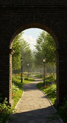 Obraz premium Sunlit Garden Path Through Archway