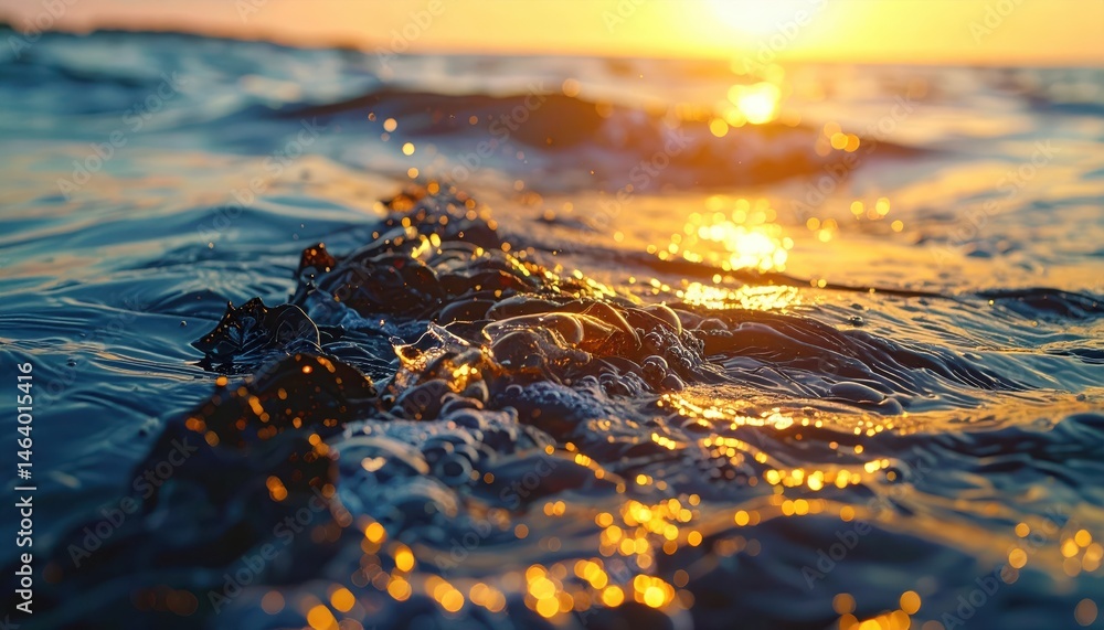Poster close-up of ocean waves reflecting sunlight at sunset, creating a shimmering and tranquil water surf