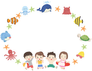 かわいい海の生き物と水着の子供のフレームイラスト