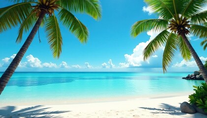 Fototapeta na wymiar White sand beach, clear blue water, palm trees, tropical, vacation, sea