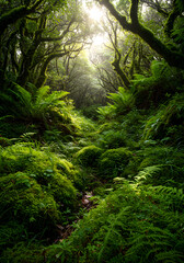 Obraz premium Photo of Lush Green Forest with Sunlight Streaming Through Trees