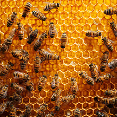 Close up view of the working bees on honey cells 