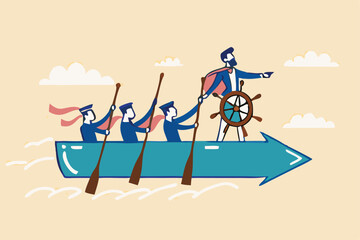 Obraz premium Cartoon Team Rowing With Leader Steering Boat Pointing Direction Forward