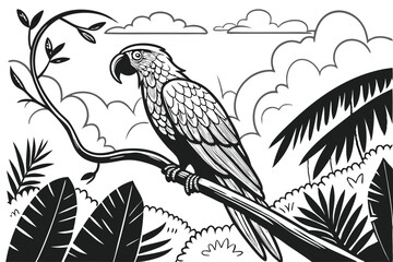 72 Detailed pencil sketch, majestic parrot, tropical leaves, intricate feather detail, perched on branch, black and white illustration, realistic bird anatomy, jungle foliage, wispy clouds, fine line 