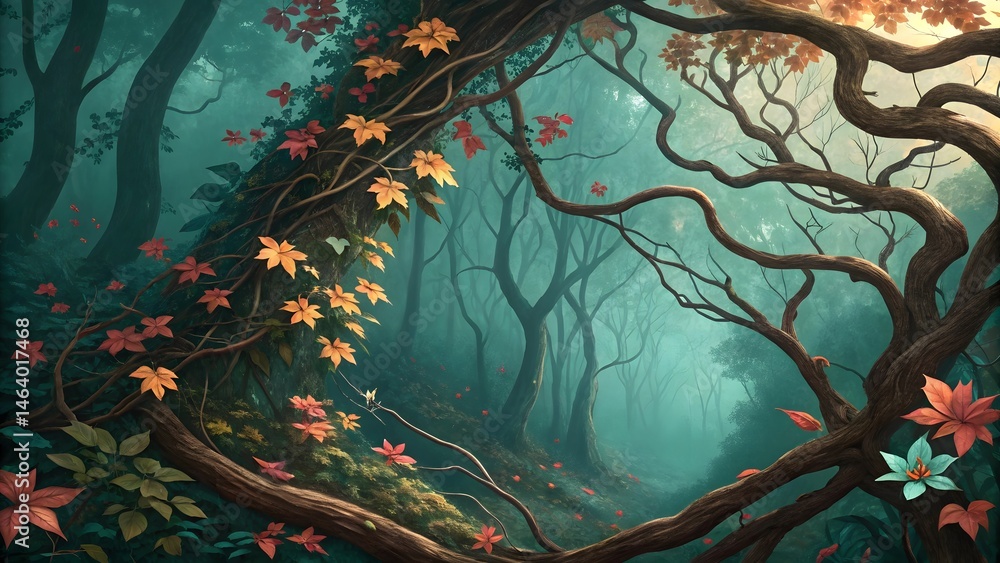 Poster a view into a misty forest with winding branches and colorful leaves in an artistic rendering style