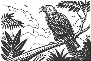 72 Detailed pencil sketch, majestic parrot, tropical leaves, intricate feather detail, perched on branch, black and white illustration, realistic bird anatomy, jungle foliage, wispy clouds, fine line 