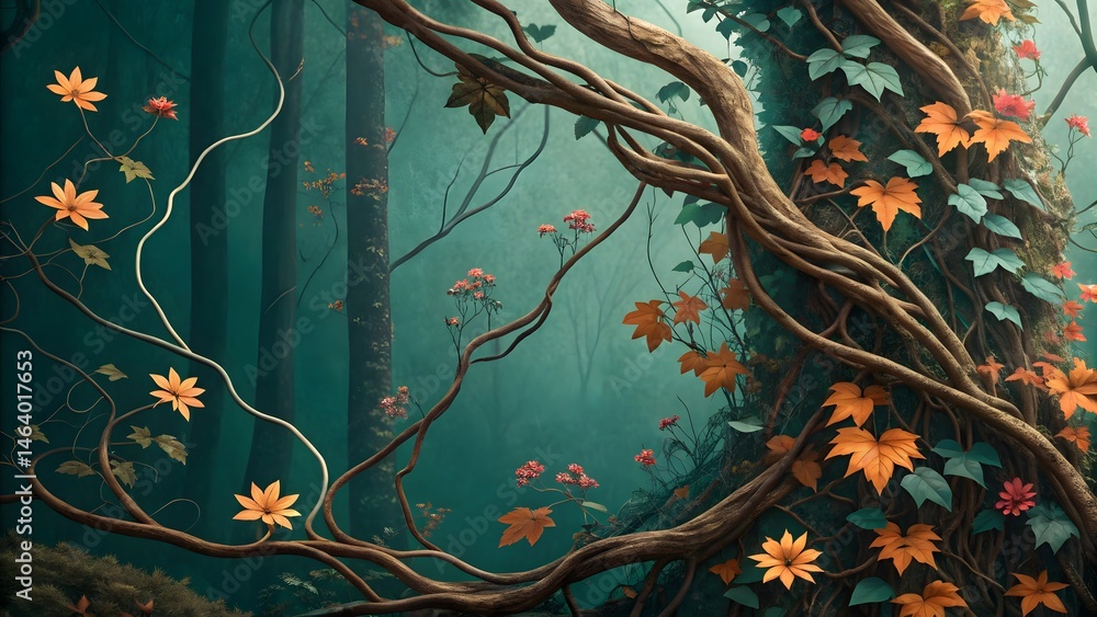 Poster A whimsical forest scene with intertwining vines and colorful flowers in a serene setting