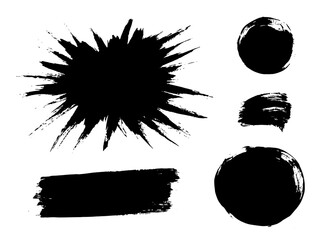 Burst and round brush strokes. Exploding paint texture backgrounds. Grunge text boxes with rays. Painted round and rectangle banners for authentic design vibe. Bursting brush stamps