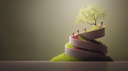 Winding path upward, lush greenery, tiny figures