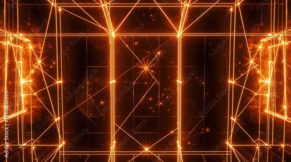 Poster intricate geometric patterns illuminated by glowing orange lines create a mesmerizing digital landsc