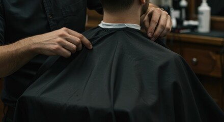Barber prepares customer with black cape