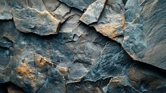 Rough, textured stone wall; dark blue, gray, gold hues
