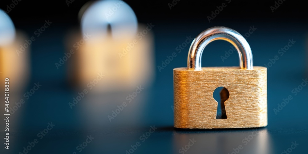 Poster a gold lock with a keyhole sits on a dark surface. the lock is open, revealing a keyhole. concept of