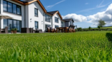 A large house with a green lawn and a patio. The lawn is well-maintained and the house has a modern design