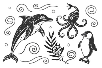 73 Black and white illustration, marine animals, stippled texture, simple shapes, dolphin, gecko, octopus, penguins, stylized creatures, minimalist design, tribal art style, nature-inspired, tattoo-li