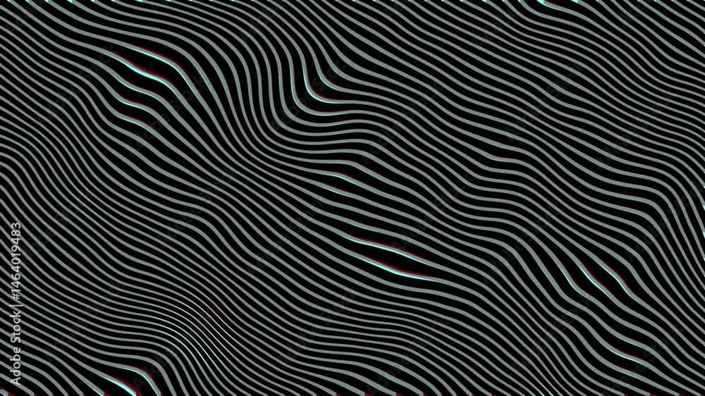Poster anaglyph flowing lines: dark abstract wavy pattern with red/cyan shift. hypnotic looping animation f