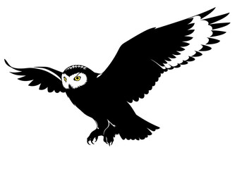 Obraz premium Stylized black silhouette vector of an owl in flight with wide wings, sharp talons, and intense yellow eyes. Ideal for wildlife, nocturnal animals, Halloween, or mystical design themes.