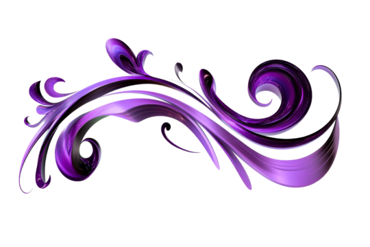 Swirling purple ribbon forms, abstract flourish element, cut out transparent