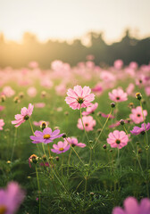 Obraz premium Photo Of Pink Cosmos Flowers Blooming in Field Under The Morning Sun