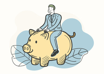 Businessman Riding Piggy Bank Illustration Financial Savings Investment Success Concept