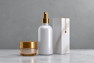 A bottle of perfume is displayed next to a box and a jar. The bottle is white and has a gold top. The box and jar are also white and made of glass. Concept of luxury and sophistication