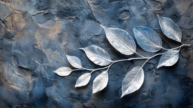 Silver leaves on a textured dark blue surface.