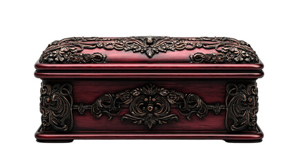Detailed ornate mahogany wood box, vintage carved object, cut out transparent