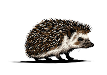 Fototapeta premium Detailed vector drawing of a brown hedgehog in side profile. Realistic spines, small paws, and textured fur. Perfect for nature illustrations, wildlife education, or children's books.