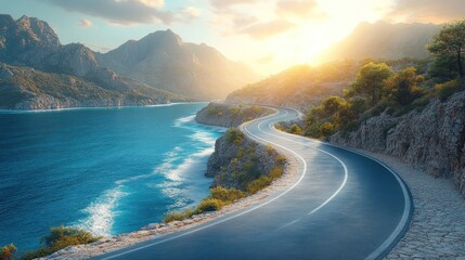 Obraz premium Scenic Coastal Drive at Sunset: A Journey Through Breathtaking Nature