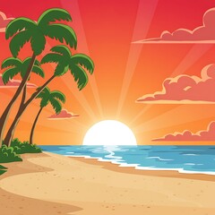 Fototapeta premium Tropical Sunset Beach Scene: Palm Trees, Ocean, and Sand