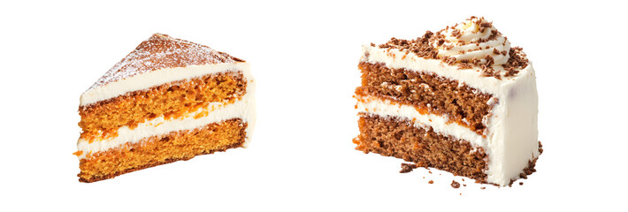 pieces of layered carrot cake with a creamy white frosting isolated on transparent background