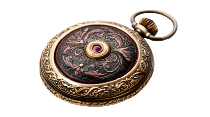 Vintage Pocket Watch, Detailed Ornate Engravings, Ruby Gemstone, cut out transparent