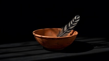 Earthenware bowl with feather resting inside against a dark background