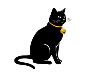 Stylized black cat with golden bell conveys elegance and mystery. Ideal for modern decor, pet branding, ethical campaigns, and minimalist animal-themed visual design.