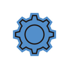 Outline gear symbol design with blue color. Simple flat vector illustration sticker or element.