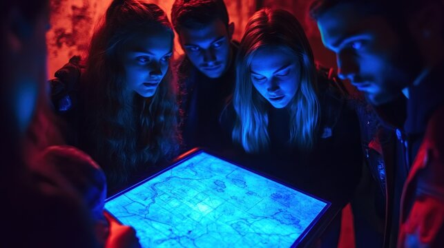 Group of friends exploring a glowing map in a dark room (1)