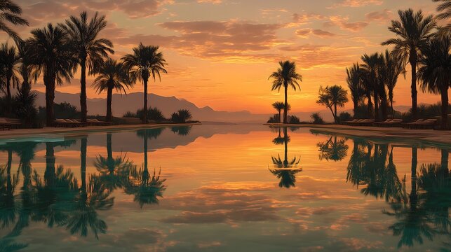 Desert oasis at sunrise with palm trees and tranquil waters reflecting the vibrant colors of the sky