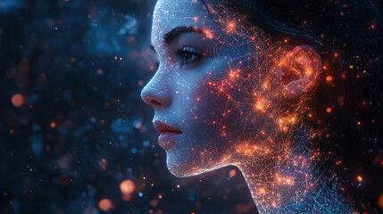 Futuristic AI Woman with Neural Network Face in a Digital Universe