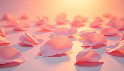 Many pink rose petals scattered on a white surface, soft lighting, romantic atmosphere, minimalist composition, warm color palette, shallow depth of field
