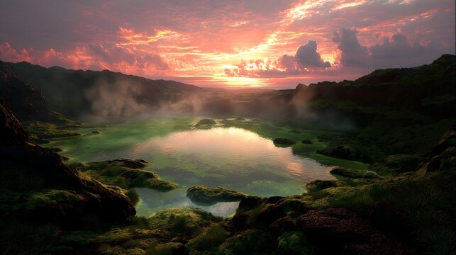 Majestic glowing emerald lagoon nestled in a volcanic landscape at sunset for serene escape and relaxation