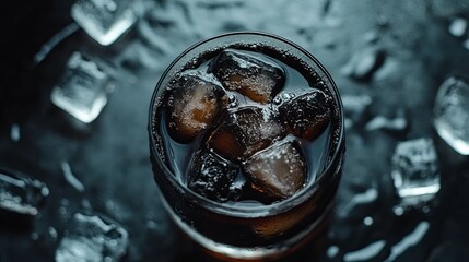 Iced coffee drink with a dark, moody vibe and ice cubes.
