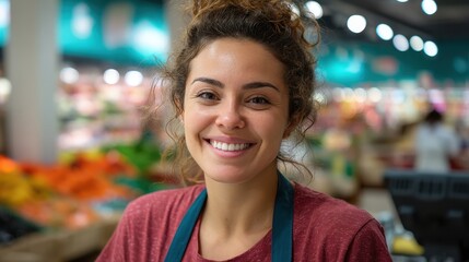 Young employee behind a store register, smiling naturally, surrounded by a clean, organized supermarket environment with vibrant shelves.
