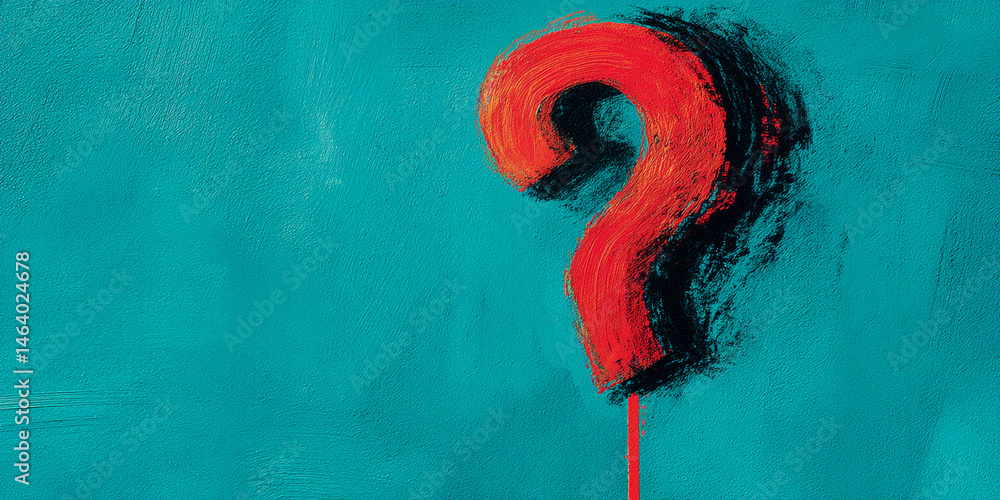 Poster red question mark painted on teal textured background, implying uncertainty, inquiry, or a need for 