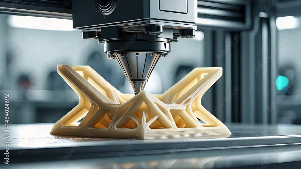 Poster close-up of a 3d printer in action creating a complex geometric design from plastic filament, showca