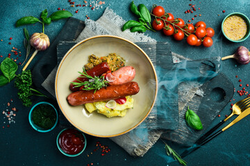 Grilled sausages with stewed cabbage and potatoes. Oktoberfest, On a plate. Restaurant serving. Close up. On a dark stone background.