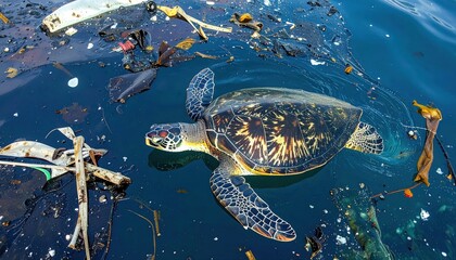 Sea turtle swimming amidst plastic debris and ocean pollution, highlighting the environmental crisis affecting marine life